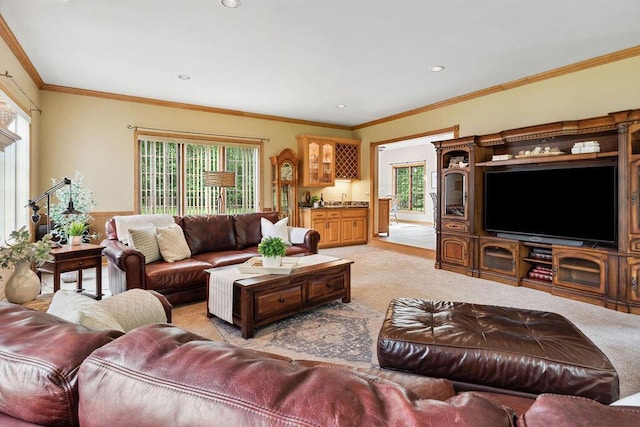 936 Broken Bow Ct, Delafield, WI 53018 - living room with light colored carpet, healthy amount of natural light, crown molding, and recessed lighting