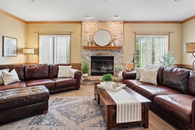 936 Broken Bow Ct, Delafield, WI 53018 - living area with healthy amount of natural light, carpet, crown molding, a fireplace, and wainscoting