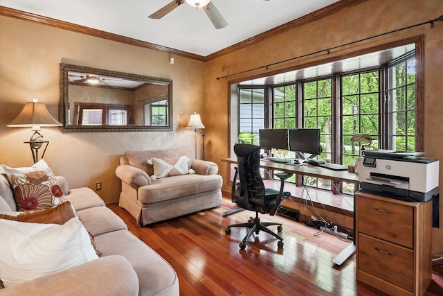 936 Broken Bow Ct, Delafield, WI 53018 - office featuring hardwood / wood-style flooring, ceiling fan, and crown molding