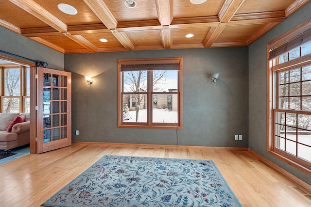N2281 Lakewood Ln, Chilton, WI 53014 - spare room with wood ceiling with exposed beams, wood finished floors, ornamental molding, recessed lighting, and coffered ceiling