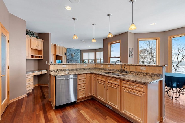 N2281 Lakewood Ln, Chilton, WI 53014 - kitchen featuring dishwasher, a sink, decorative backsplash, dark wood finished floors, and recessed lighting