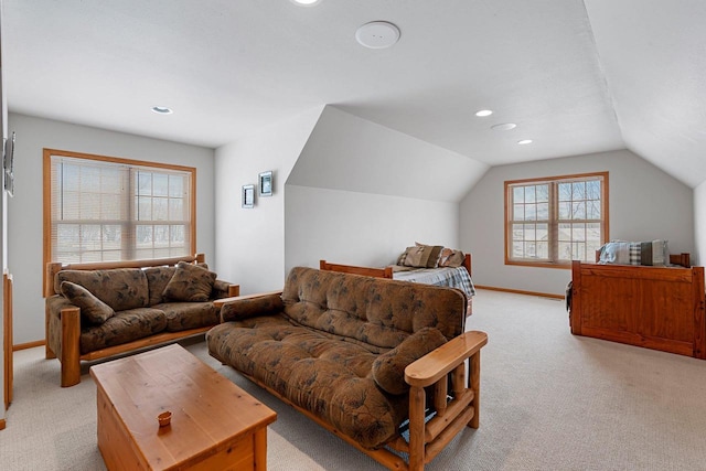 N2281 Lakewood Ln, Chilton, WI 53014 - living area featuring light carpet, vaulted ceiling, baseboards, and recessed lighting