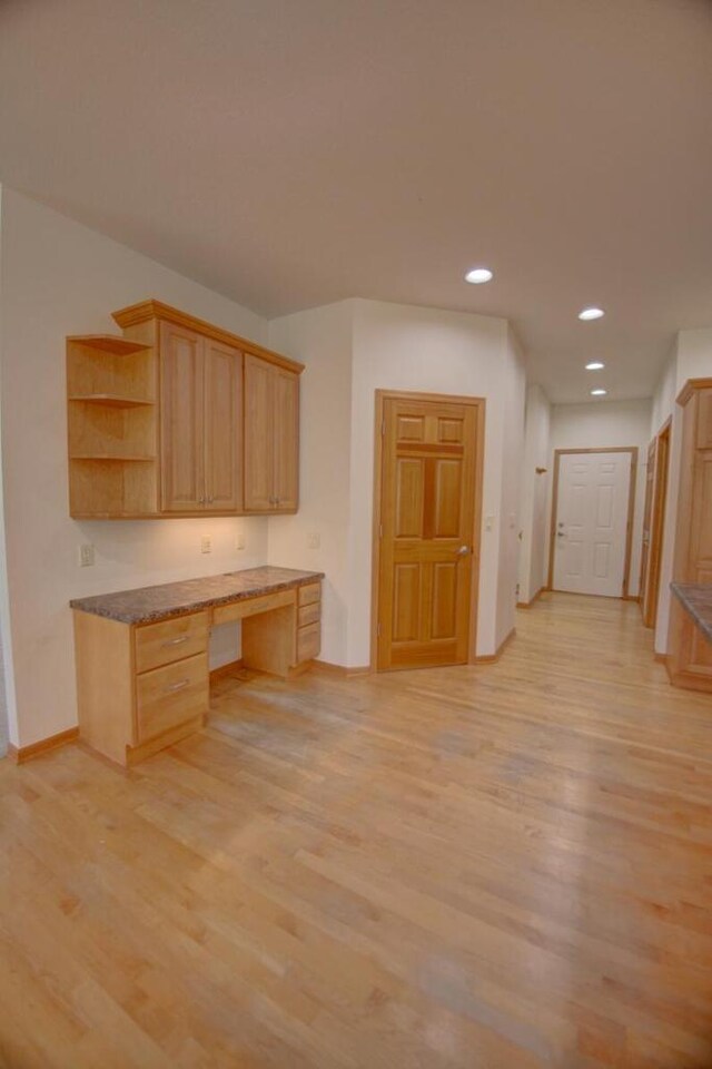 1835 Alpine Pl, Onalaska, WI 54650 - kitchen featuring open shelves, light wood-type flooring, recessed lighting, baseboards, and light brown cabinetry