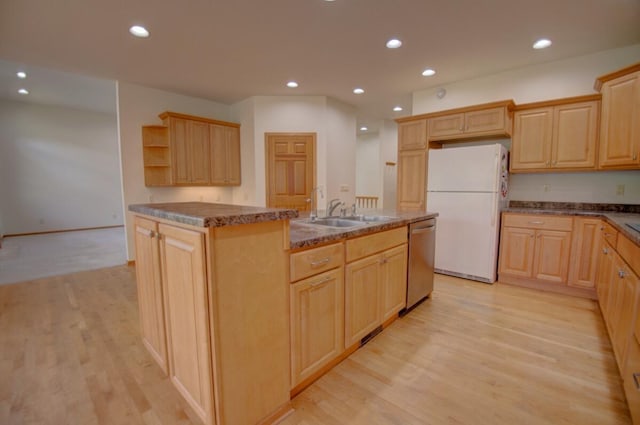 1835 Alpine Pl, Onalaska, WI 54650 - kitchen featuring freestanding refrigerator, a sink, stainless steel dishwasher, light brown cabinets, and recessed lighting