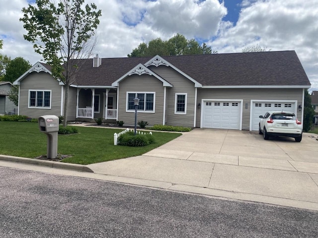 1430 Sherwood Ct, Wisconsin Rapids, WI 54494 - view of front of house with a front yard, a garage, a porch, concrete driveway, and a shingled roof