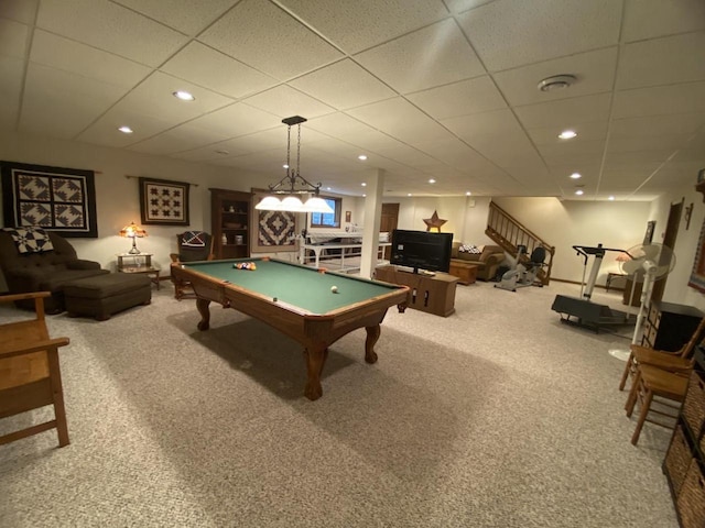 1430 Sherwood Ct, Wisconsin Rapids, WI 54494 - playroom with billiards table, a drop ceiling, recessed lighting, and carpet