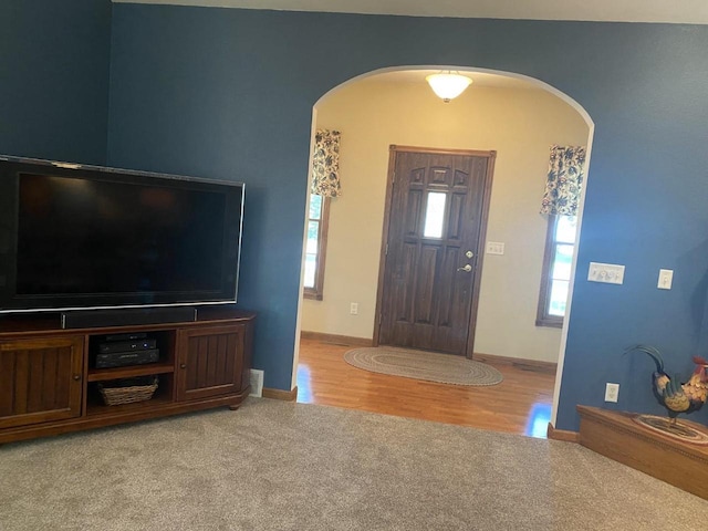 1430 Sherwood Ct, Wisconsin Rapids, WI 54494 - carpeted entrance foyer with arched walkways, wood finished floors, and baseboards