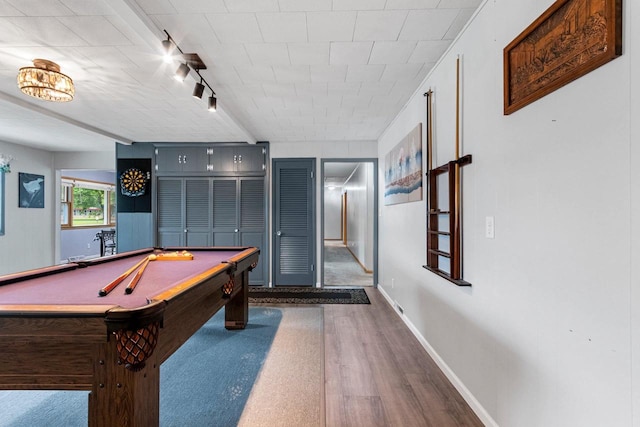 1037 S Union St, Shawano, WI 54166 - recreation room featuring wood finished floors, baseboards, billiards table, and track lighting