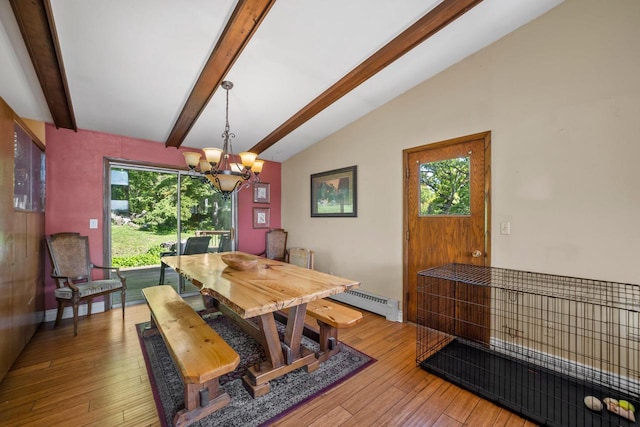 1104 Cavalier Dr, Waukesha, WI 53186 - dining area featuring a baseboard heating unit, a chandelier, plenty of natural light, and hardwood / wood-style floors