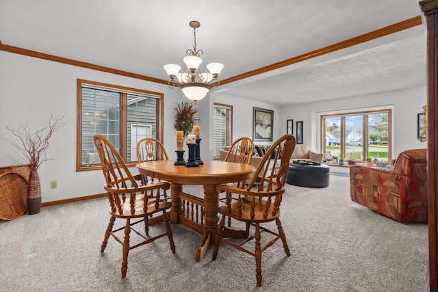 3221 N Country Run Dr, Appleton, WI 54914 - carpeted dining area with a chandelier, baseboards, and crown molding