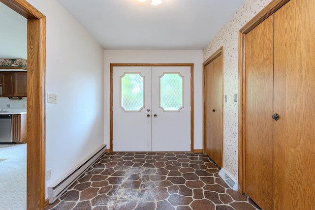 419 E Beech St, Edgar, WI 54426 - entryway with a baseboard radiator, stone flooring, baseboards, and wallpapered walls