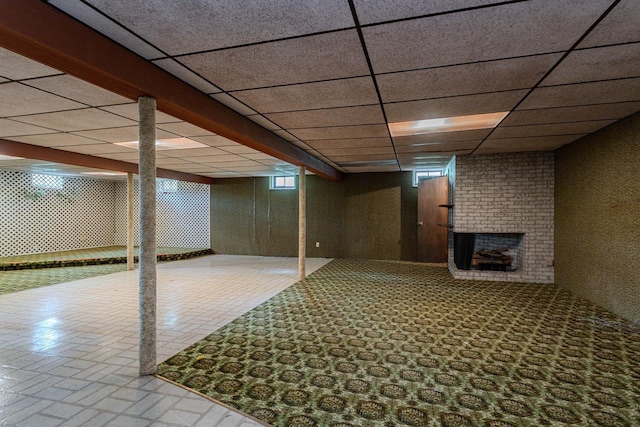 419 E Beech St, Edgar, WI 54426 - finished basement featuring an outdoor brick fireplace and a drop ceiling