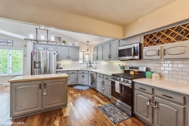 2590 S 91st St, West Allis, WI 53227 - kitchen with stainless steel appliances, gray cabinets, a sink, dark wood-style floors, and lofted ceiling