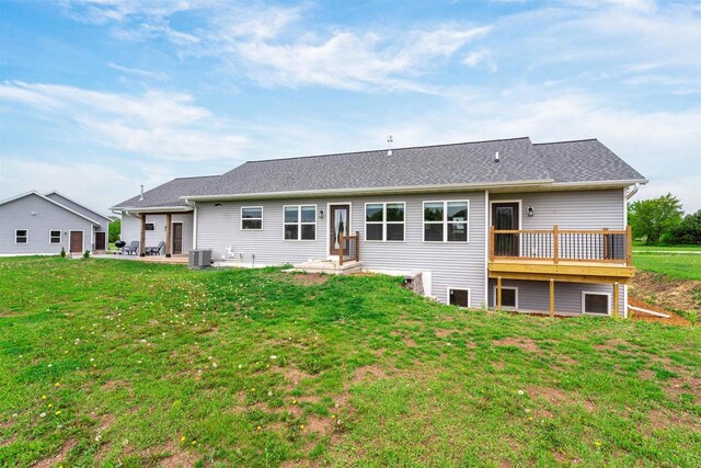 3815 Stone Wall Dr, De Pere, WI 54115 - rear view of house with a yard, central AC unit, a wooden deck, and a patio area