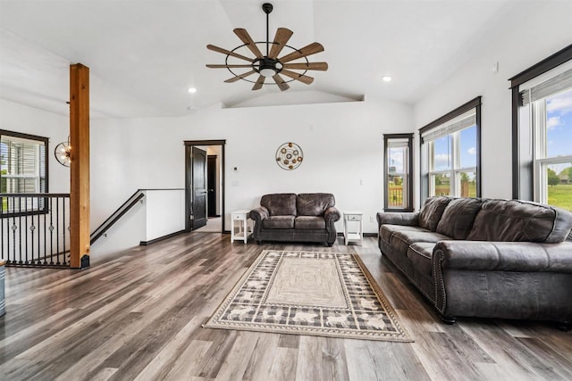 3815 Stone Wall Dr, De Pere, WI 54115 - living area with wood finished floors, ceiling fan, vaulted ceiling, and recessed lighting