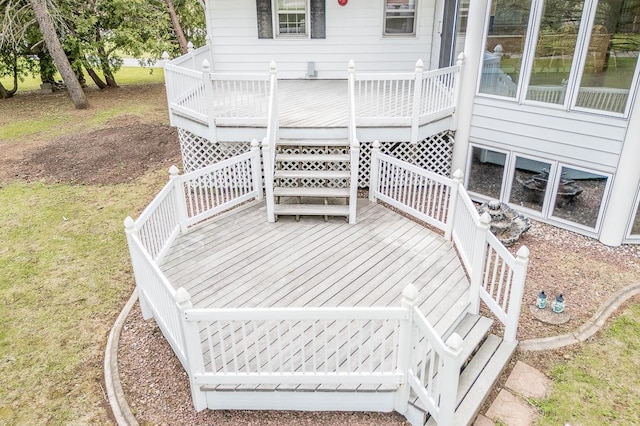 N2594 State Road 76, Hortonville, WI 54944 - wooden terrace featuring stairway and a yard