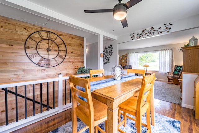 201 N 3rd St, Colby, WI 54421 - dining room with wood walls, a ceiling fan, and wood finished floors