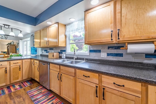 201 N 3rd St, Colby, WI 54421 - kitchen with a sink, dishwasher, decorative backsplash, dark countertops, and dark wood finished floors