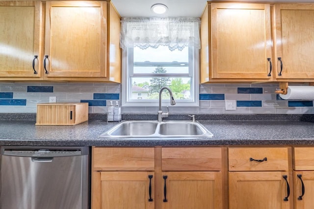 201 N 3rd St, Colby, WI 54421 - kitchen with dishwasher, a sink, dark countertops, and decorative backsplash