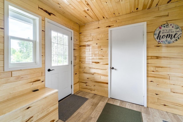 201 N 3rd St, Colby, WI 54421 - doorway featuring wood walls, light wood-style flooring, and wood ceiling