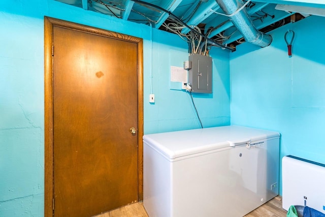 201 N 3rd St, Colby, WI 54421 - laundry room with electric panel and light wood finished floors
