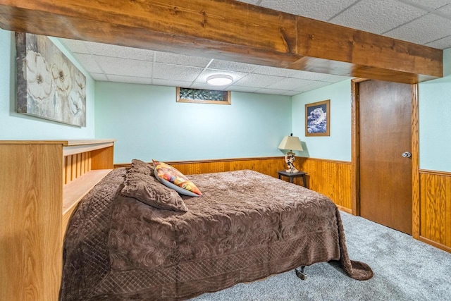 201 N 3rd St, Colby, WI 54421 - bedroom with a drop ceiling, carpet flooring, wood walls, and wainscoting