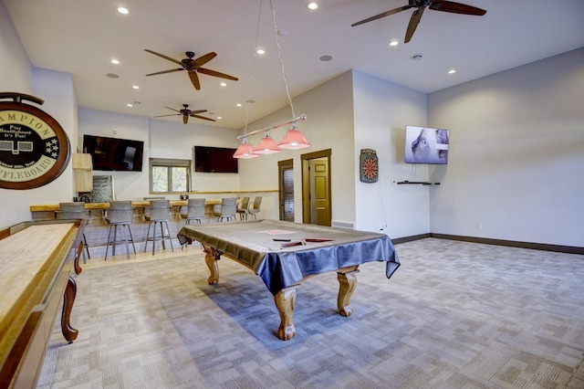 508 Frost Woods Rd, Monona, WI 53716 - rec room featuring ceiling fan, billiards, recessed lighting, a community bar, and carpet floors