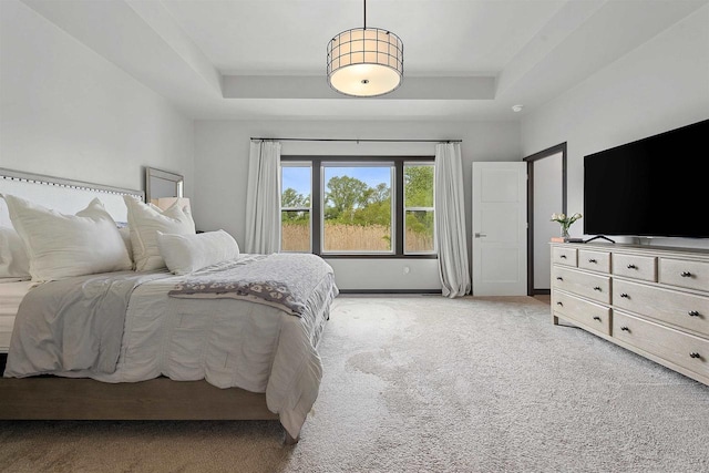 3812 Hawk Ledge Cir, De Pere, WI 54115 - bedroom with a tray ceiling, light carpet, and baseboards