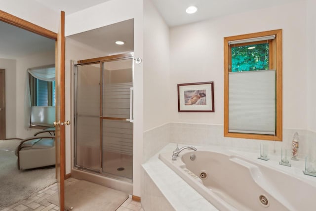 16625 Tanglewood Dr, Brookfield, WI 53005 - bathroom featuring a tub with jets, a shower stall, and recessed lighting