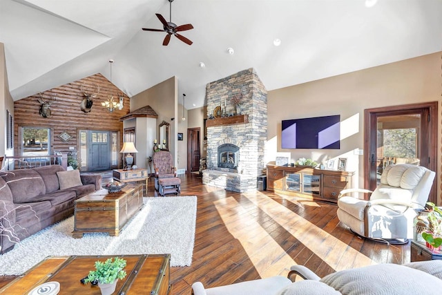W12900 W Shore Dr, Crivitz, WI 54114 - living area featuring high vaulted ceiling, plenty of natural light, ceiling fan, a fireplace, and hardwood / wood-style floors