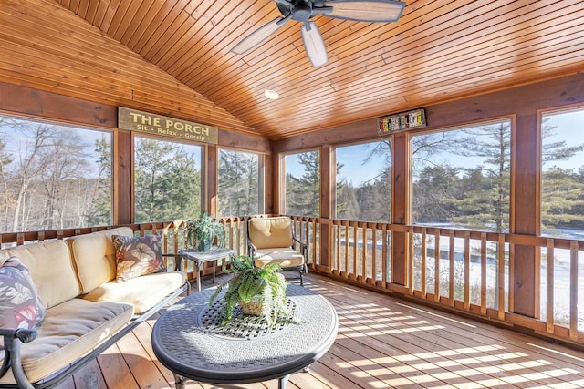 W12900 W Shore Dr, Crivitz, WI 54114 - sunroom with vaulted ceiling, ceiling fan, and outdoor lounge area