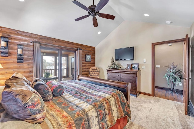 W12900 W Shore Dr, Crivitz, WI 54114 - bedroom featuring lofted ceiling, light carpet, access to outside, ceiling fan, and recessed lighting