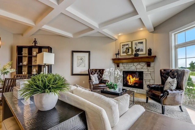 1626 Belmont Ln Unit 27, Oconomowoc, WI 53066 - living area with coffered ceiling, wood finished floors, beam ceiling, a fireplace, and recessed lighting