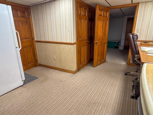 315 Lampert St, Oshkosh, WI 54901 - office area with a drop ceiling, light carpet, wallpapered walls, and baseboards