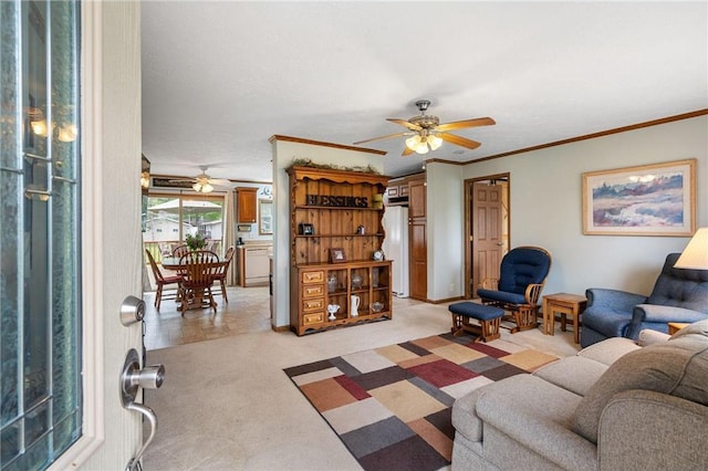 505 Lake Ave, Frederic, WI 54837 - living room with a ceiling fan, light colored carpet, and crown molding