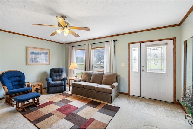 505 Lake Ave, Frederic, WI 54837 - living area with light colored carpet, ceiling fan, ornamental molding, baseboards, and a textured ceiling