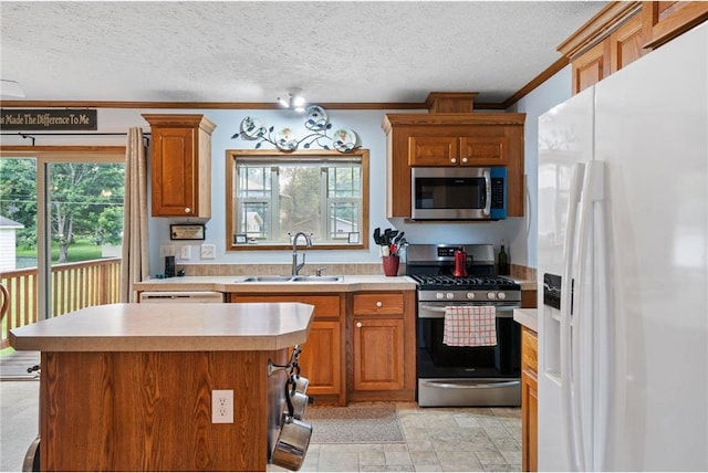 505 Lake Ave, Frederic, WI 54837 - kitchen with stainless steel appliances, a sink, light countertops, crown molding, and a textured ceiling