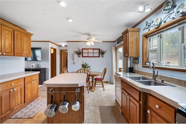 505 Lake Ave, Frederic, WI 54837 - kitchen with a sink, brown cabinets, ornamental molding, a center island, and ceiling fan