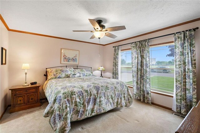 505 Lake Ave, Frederic, WI 54837 - carpeted bedroom with crown molding, baseboards, ceiling fan, a water view, and a textured ceiling