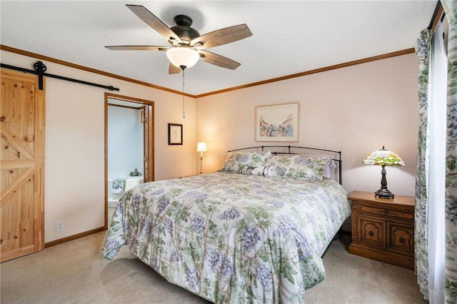 505 Lake Ave, Frederic, WI 54837 - bedroom with light carpet, a barn door, ornamental molding, baseboards, and a ceiling fan