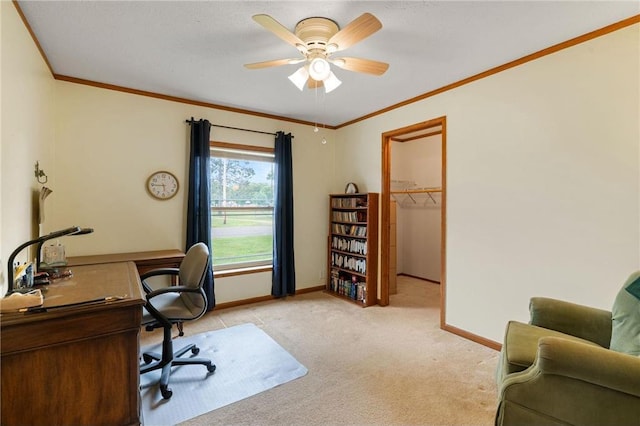505 Lake Ave, Frederic, WI 54837 - office area with crown molding, baseboards, light colored carpet, and ceiling fan