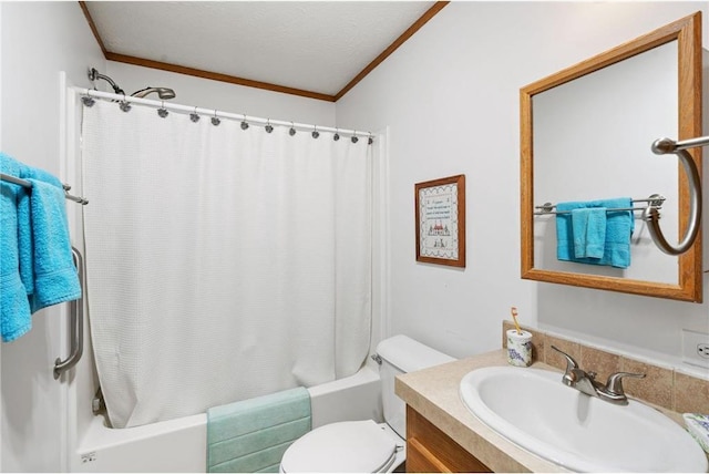 505 Lake Ave, Frederic, WI 54837 - bathroom with crown molding, shower / bath combo with shower curtain, vanity, and toilet
