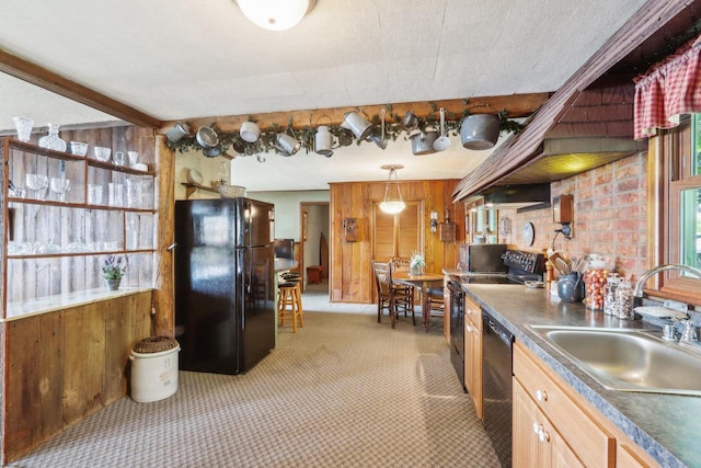 950 N Dousman Rd, Summit, WI 53066 - kitchen with black appliances, a sink, light carpet, wooden walls, and plenty of natural light