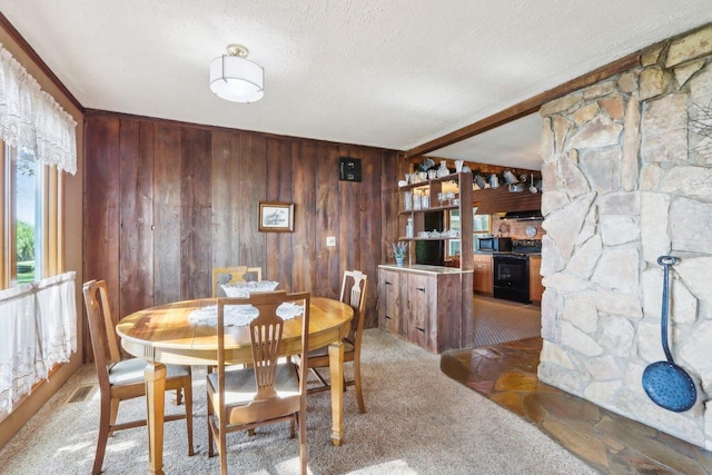 950 N Dousman Rd, Summit, WI 53066 - carpeted dining area featuring wooden walls and a textured ceiling