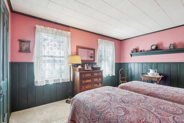 950 N Dousman Rd, Summit, WI 53066 - bedroom with carpet floors, crown molding, a wainscoted wall, and wood walls