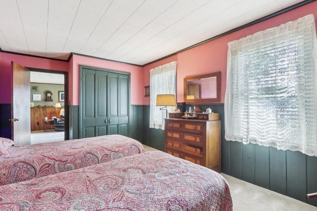 950 N Dousman Rd, Summit, WI 53066 - bedroom featuring carpet floors, a wainscoted wall, a closet, and crown molding