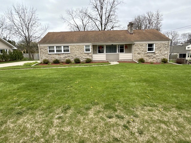 219 W Daphne St, Milwaukee, WI 53217 - ranch-style home with stone siding, a chimney, and a front yard
