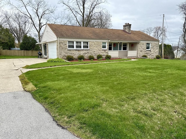219 W Daphne St, Milwaukee, WI 53217 - ranch-style home featuring stone siding, concrete driveway, a chimney, a garage, and roof with shingles