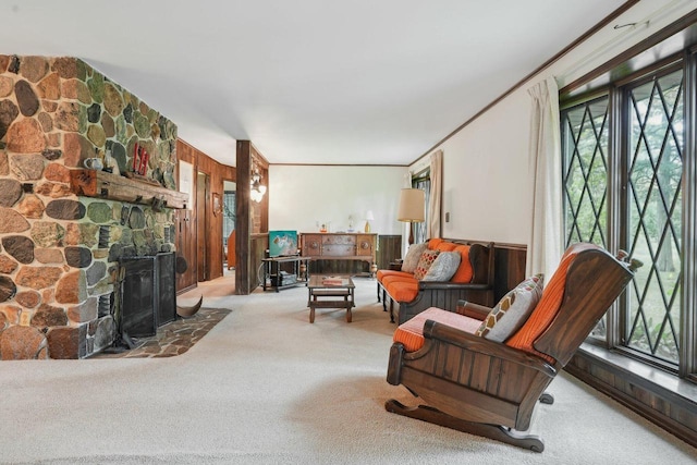 954 N Dousman Rd, Summit, WI 53066 - living area with carpet, a stone fireplace, and wood walls
