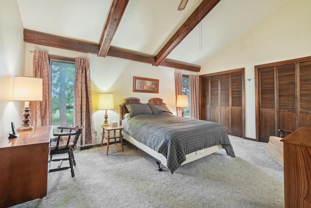 954 N Dousman Rd, Summit, WI 53066 - bedroom with carpet floors, beam ceiling, multiple closets, and high vaulted ceiling